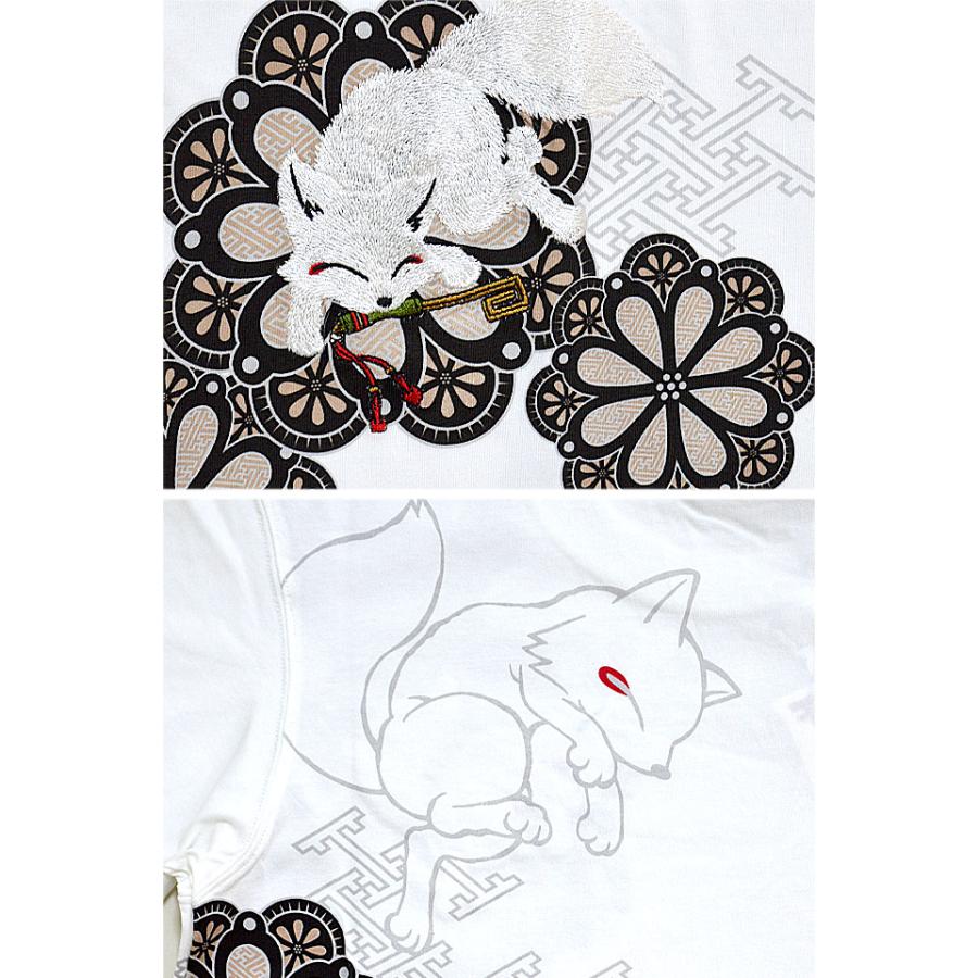 こんぎつねと大輪の花に紗綾型半袖Tシャツ 今昔 KJ-21017 和柄 和風 狐