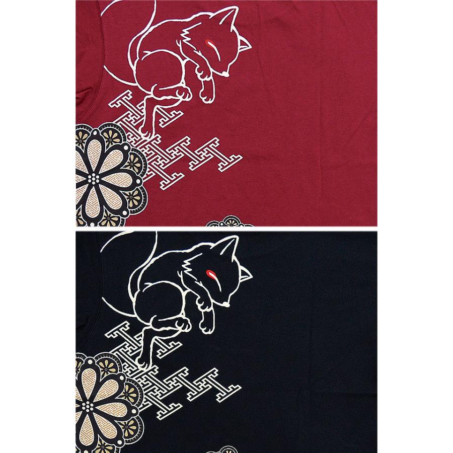 こんぎつねと大輪の花に紗綾型半袖Tシャツ 今昔 KJ-21017 和柄 和風 狐
