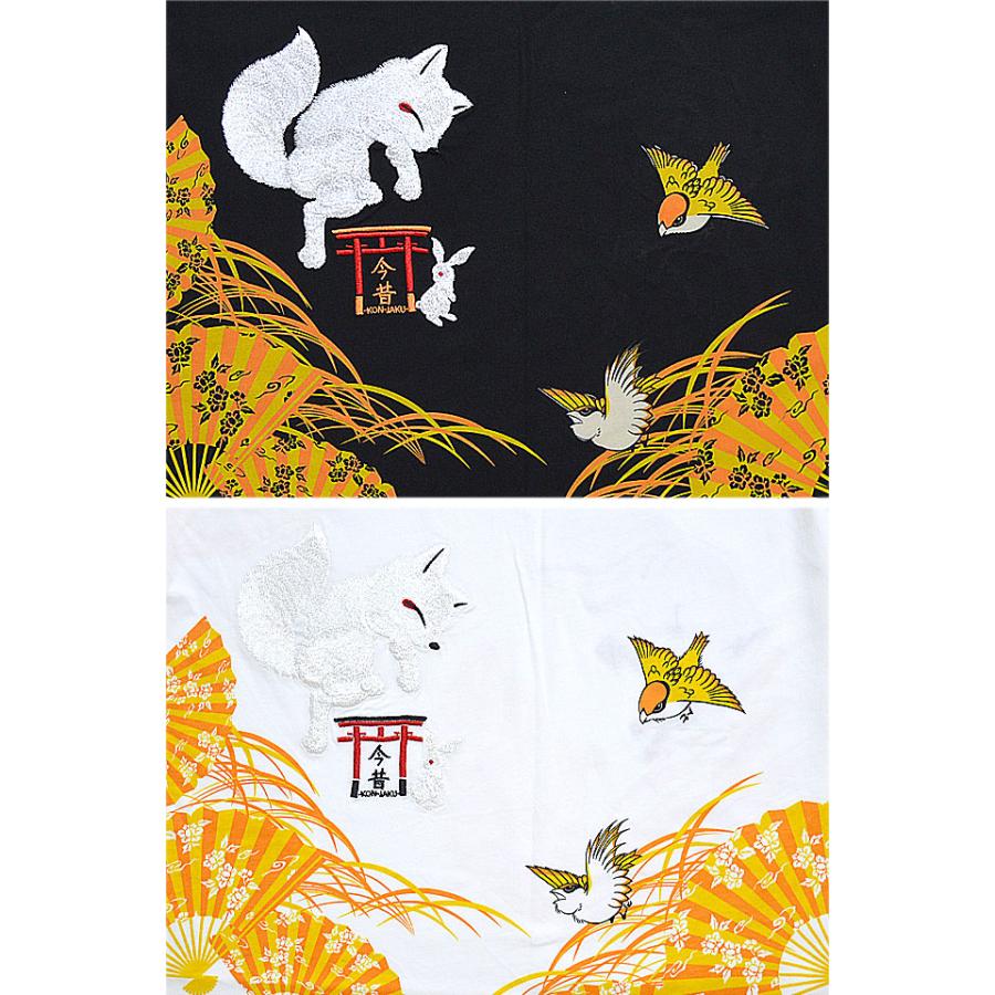 扇子の舞半袖Tシャツ 今昔 KJ-22002 和柄 和風 狐 きつね キツネ 雀