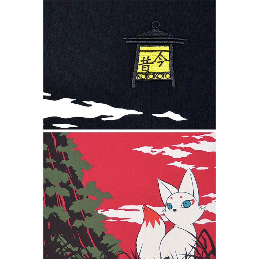 じゃれねこ『1月☆14 九狐×和』 赤鬼青鬼半袖Tシャツ 今昔 KJ-26011 和柄 和風 狐 きつね キツネ