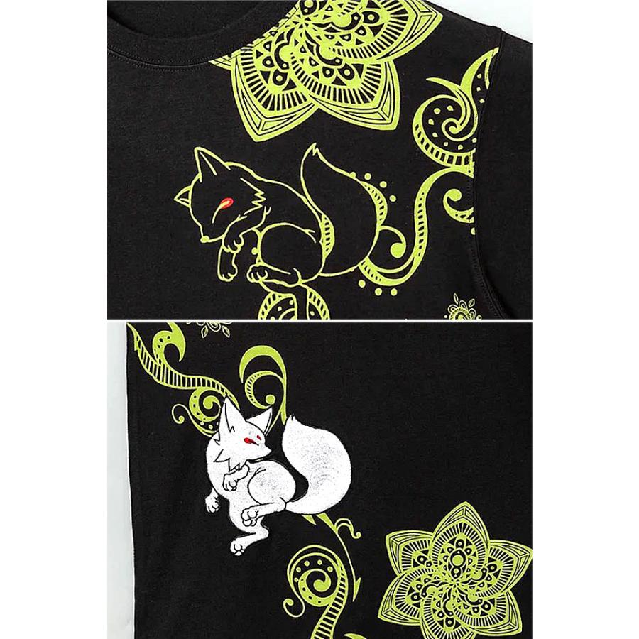 幾何学模様綿レーヨン半袖Tシャツ 今昔 KJ-22009 和柄 和風 狐 きつね