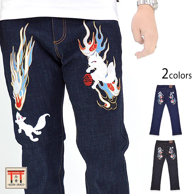 美品今昔kon-jaku 濃紺デニム　総刺繍和柄和風　狐　Y2K 今昔kon-jaku 濃紺デニム 総刺繍和柄和風 狐 Y2K 公式】今昔-KON-JAKU-