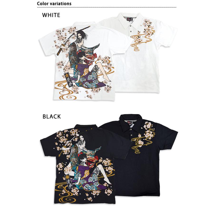 抜刀娘 凛×美月刺繍半袖ポロシャツ 202093 和柄 和風 桜 さくら サクラ 