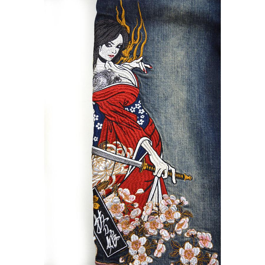 21春夏新色 抜刀娘 妃那乱菊デニムパンツ 抜刀娘 2125 和柄 和風 ジーンズ 刺繍 キク 加工 未使用 Kishakatoliketiranedurres Com