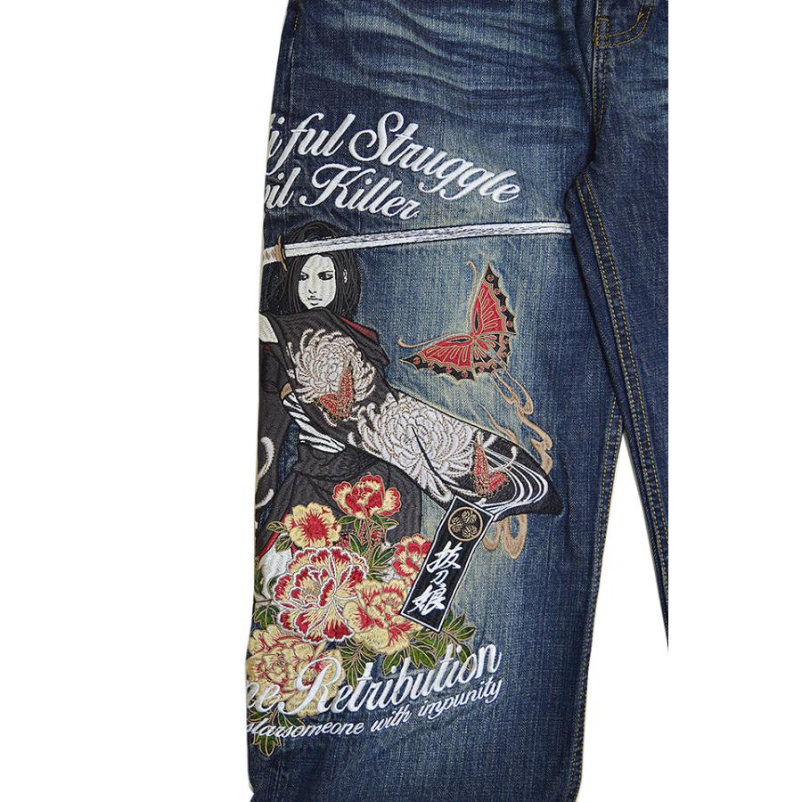 【大きいサイズ】　抜刀娘 刺繍 ジャガード 和柄 ジーンズ デニム 36 楽天市場】抜刀娘 バットウムスメ 絡繰魂 和柄 ジーンズ デニム