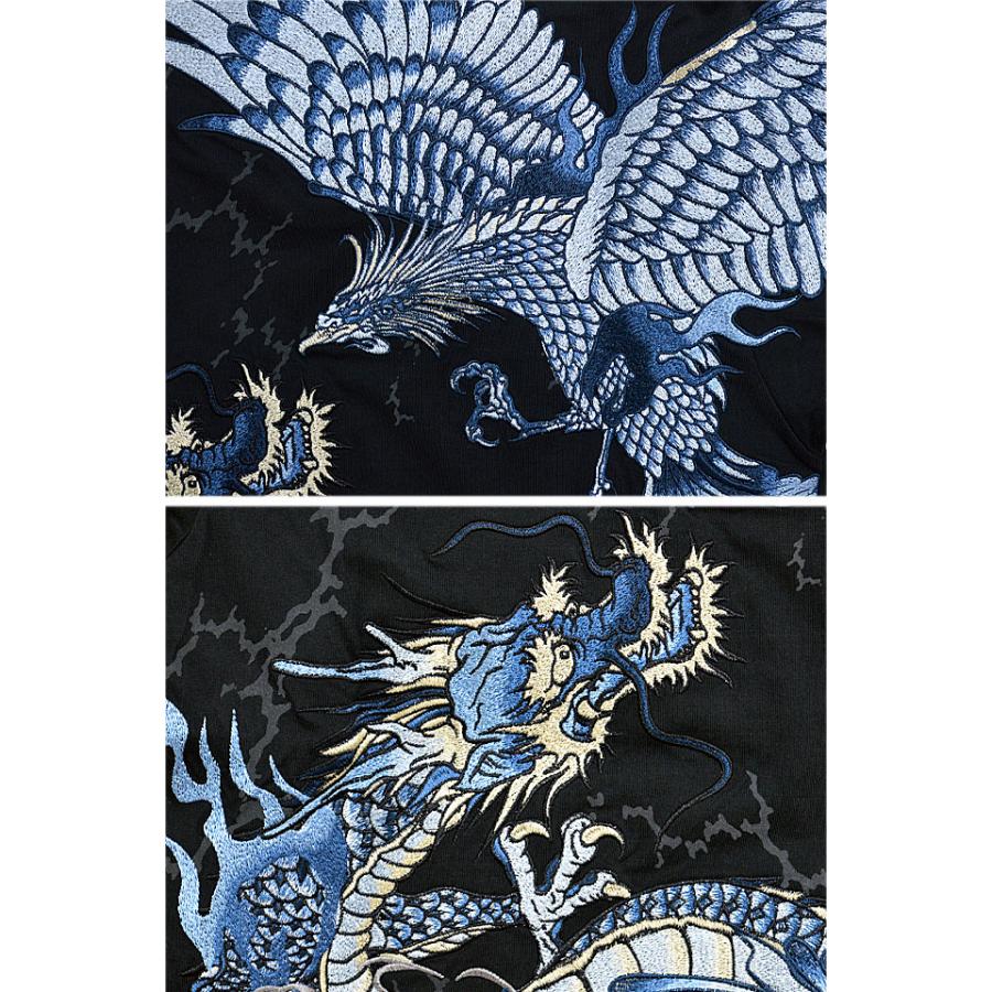 藍刺繍】天界ノ決戦ロングTシャツ 絡繰魂 224062 粋 龍 竜 鳳凰 長袖