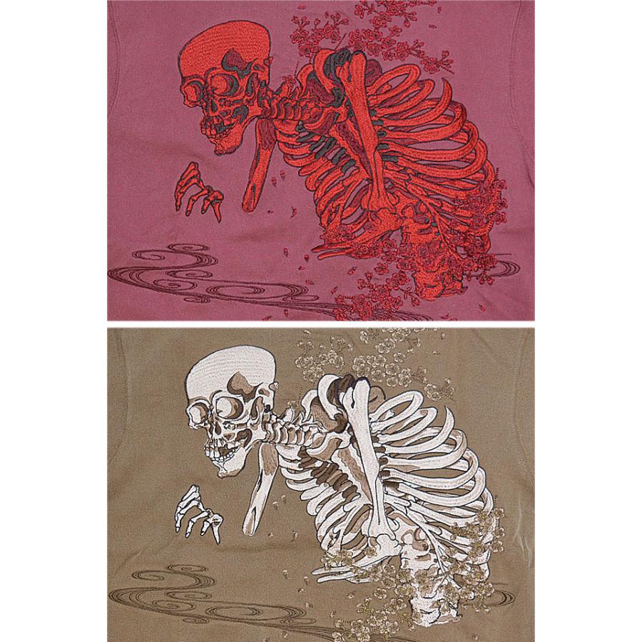 桜髑髏ピグメント半袖Tシャツ 絡繰魂 242079 和柄 和風 刺繍 さくら