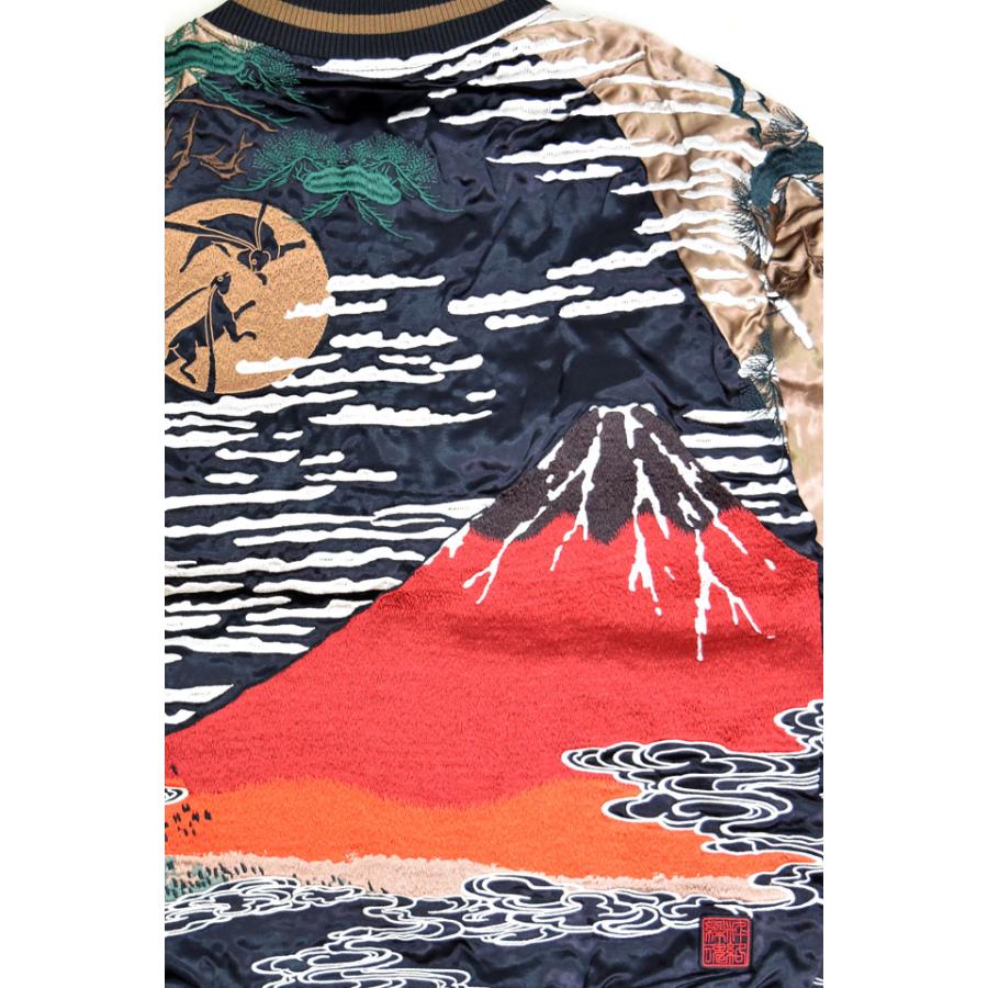 レア】赤富士トンボ刺繍 長袖Tシャツ ロンT黒XL◇古着