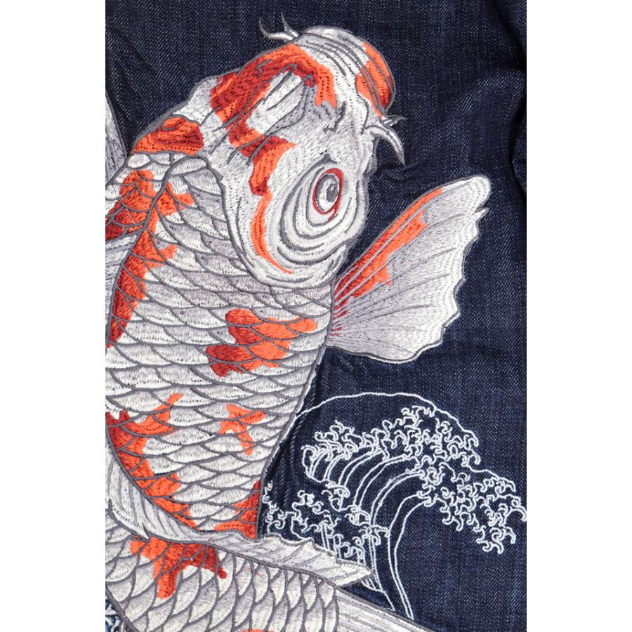粋 双錦鯉デニムパンツ 絡繰魂 262251 和柄 和風 刺繍 コイ 波