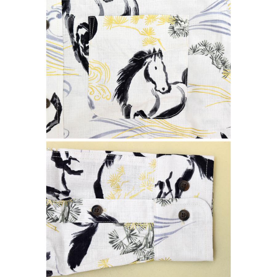 長袖レギュラーカラーシャツ「金彩墨絵馬」 衣櫻 SA-1726 和柄 和風 日本製 国産 総柄 衣櫻 長袖レギュラーカラーシャツ「金彩墨絵馬」 SA-1726 和柄 和風