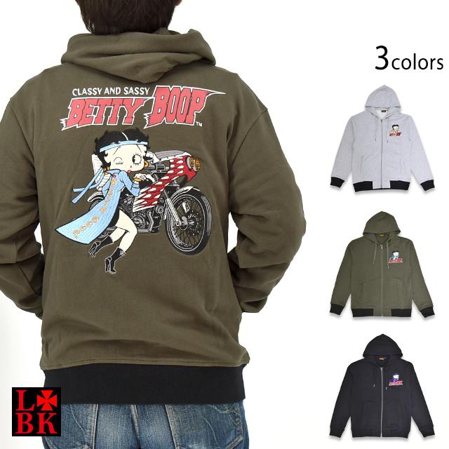 LBK×BETTY 特攻BETTYフルジップスウェットパーカー ロウブロウナックル 595861 ベティーちゃん 刺繍 バイカー LBK×BETTY 特攻BETTYフルジップスウェットパーカー ロウブロウナックル