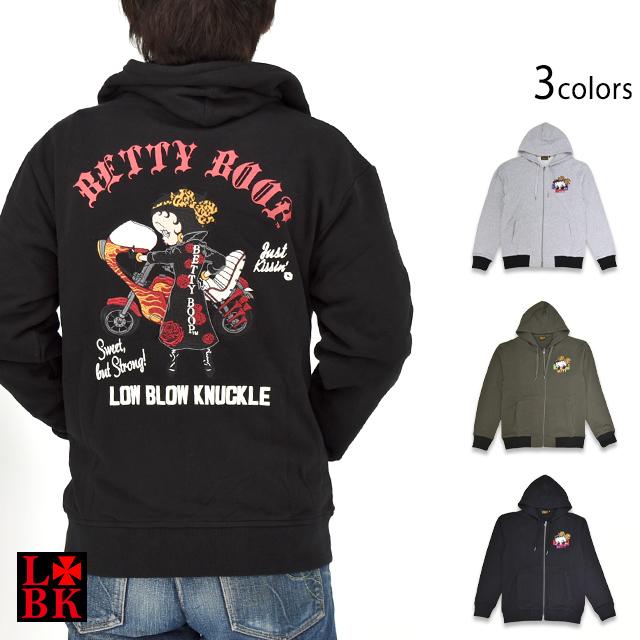 LBK×BETTY 夜露死苦ヤンキーBETTYフルジップスウェットパーカー ロウブロウナックル 595862 ベティーちゃん 刺繍 LBK×BETTY 夜露死苦ヤンキーBETTYフルジップスウェットパーカー ロウ