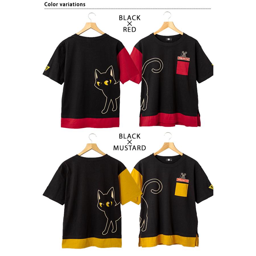 ラミ＆アール レイヤード半袖Tシャツ LIN AL-75053 猫 ねこ 鼠 ネズミ 刺繍 男女兼用 ユニセックス ラミ＆アール レイヤード半袖Tシャツ LIN AL-75053 猫 ねこ 鼠 ネズミ