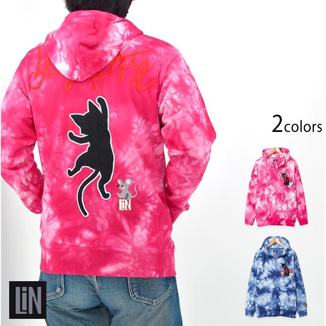 ラミ＆アール ちゃんと反省しなさい！タイダイ染めフルジップパーカー LIN AL-75099 黒猫 ネコ ネズミ 刺繍 ラミ＆アール ちゃんと反省しなさい！タイダイ染めフルジップパーカー