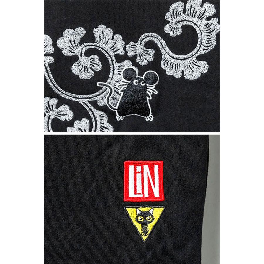 ラミ＆アール 和楽器総刺繍天竺ジップパーカー LIN AL-75617 黒猫 ネコ ネズミ 唐草 和柄 ラミ＆アール 和楽器総刺繍天竺ジップパーカー LIN AL-75617 黒猫 ネコ