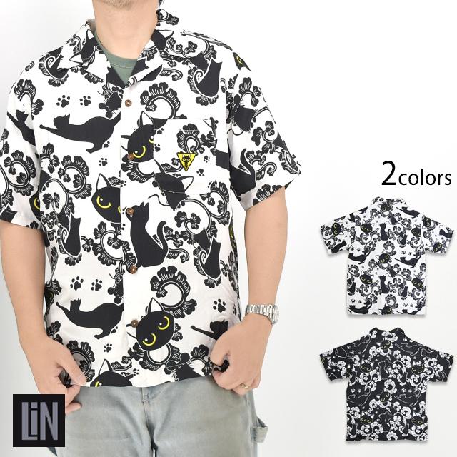 ラミ＆アール 猫の溜まり場半袖シャツ LIN AL-75616 黒猫 ネコ 唐草 アロハシャツ 和柄 ラミ＆アール 猫の溜まり場半袖シャツ LIN AL-75616 黒猫 ネコ 唐草