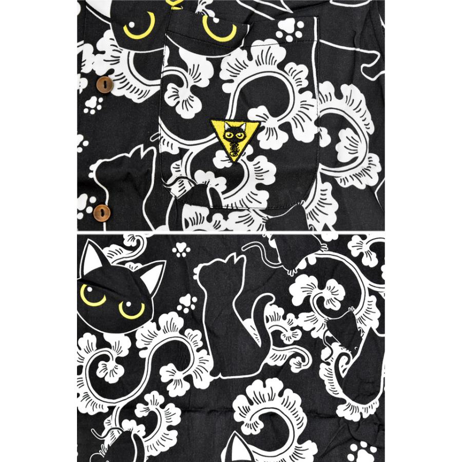 ラミ＆アール 猫の溜まり場半袖シャツ LIN AL-75616 黒猫 ネコ 唐草
