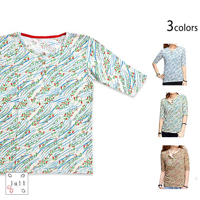 草花柄5分袖ヘンリーネックtシャツ Lull レディース Lul F サクラスタイル 通販 Yahoo ショッピング