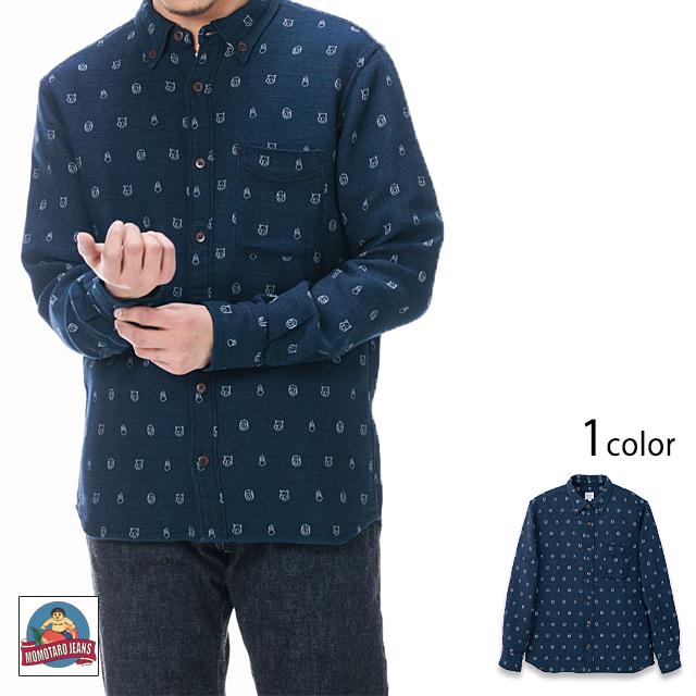 お供ジャガード長袖シャツ 桃太郎ジーンズ MLS1020M31 MOMOTARO JEANS 犬 猿 雉 日本製 国産 桃太郎ジーンズ（MOMOTARO JEANS） お供ジャガード長袖シャツ