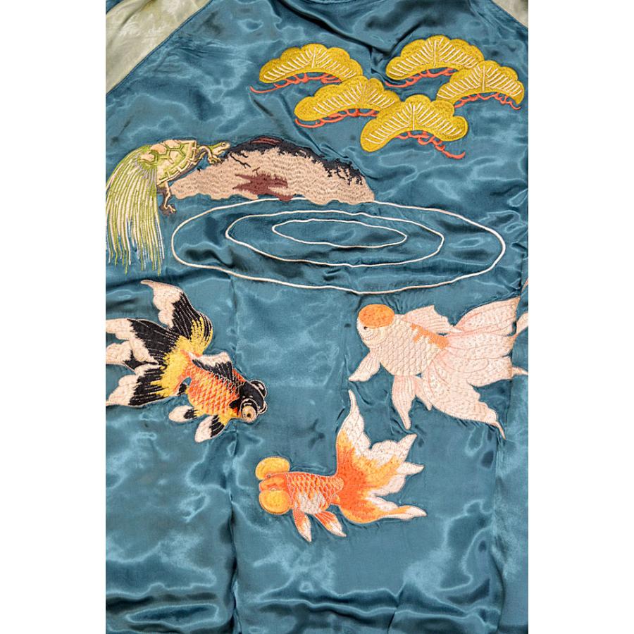 花旅楽団　スカジャン　青　水色　龍刺繍　XLサイズ 花旅楽団[ﾊﾅﾀﾋﾞｶﾞｸﾀﾞﾝ] 桜金魚 刺繍 リバーシブル 和柄