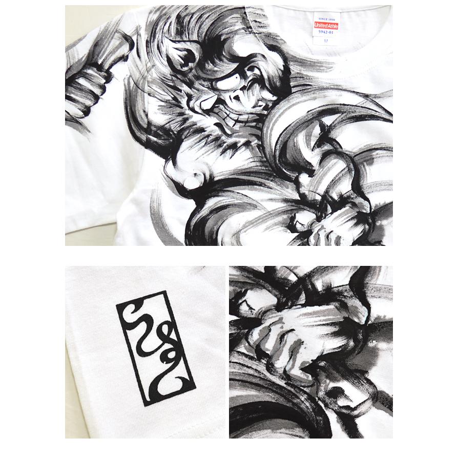 手描き半袖Tシャツ 風神雷神 手描きの羽水 和柄 和風 送料無料 手書き