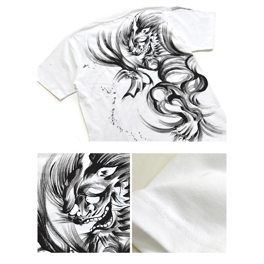 手描き半袖Tシャツ 風神雷神 手描きの羽水 和柄 和風 送料無料 手書き