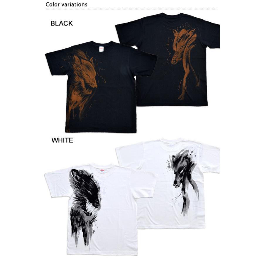 手描き半袖Tシャツ「狼」 手描きの羽水 和柄 和風 手書き オオカミ