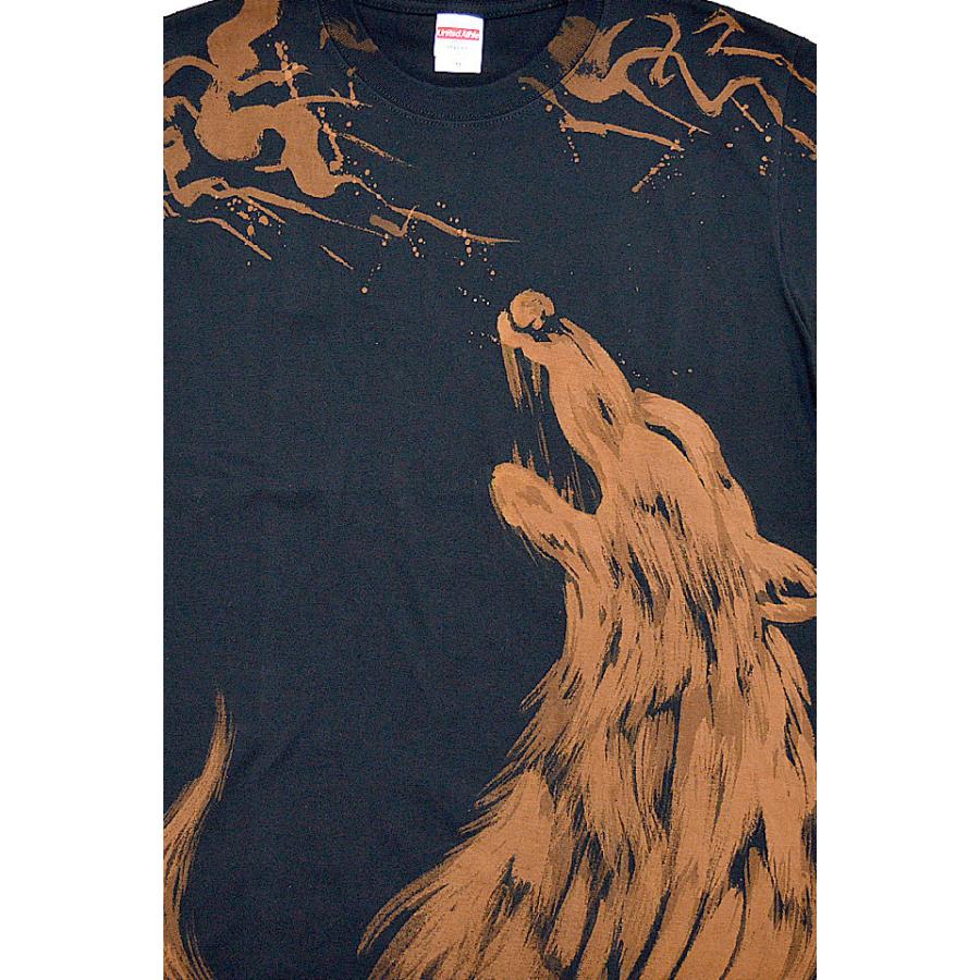 手描き半袖Tシャツ「月と狼」 手描きの羽水 和柄 和風 手書き オオカミ