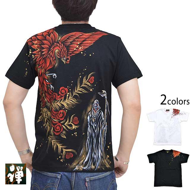 手描き半袖tシャツ 朱雀と死神 禅 Kth0072 和柄 和風 手書き 鳳凰 髑髏 ドクロ Zen M サクラスタイル 通販 Yahoo ショッピング