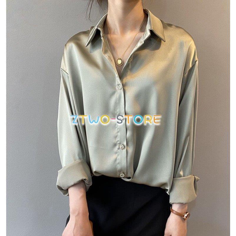 紫③-•４色有り レディース ブラウス トップス• サテン シルク シャツ