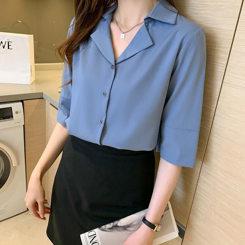 新製品情報も満載-シャツ レディース シフォン ブラ•ウス オフィス 通勤 カジュアル 女子 春 夏 秋 5分袖 Vネック トップス S ブルー• 人気 総柄シャツ 細かい柄シャツ 透け感ある生地 羽織ってもかわいい