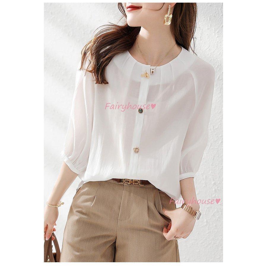 独自の製法の-ブラウス レディース 五分袖ブラウス 春夏 オフ