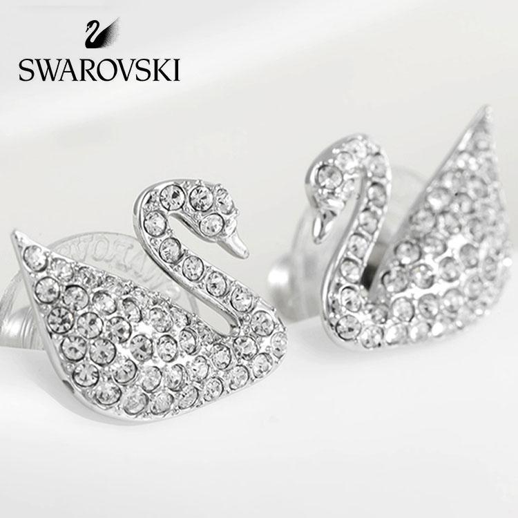 SWAROVSKI スワロフスキー Swan Pav〓 スタッドピアス スワン, ホワイト, ロジウム・プレーティング プレゼント