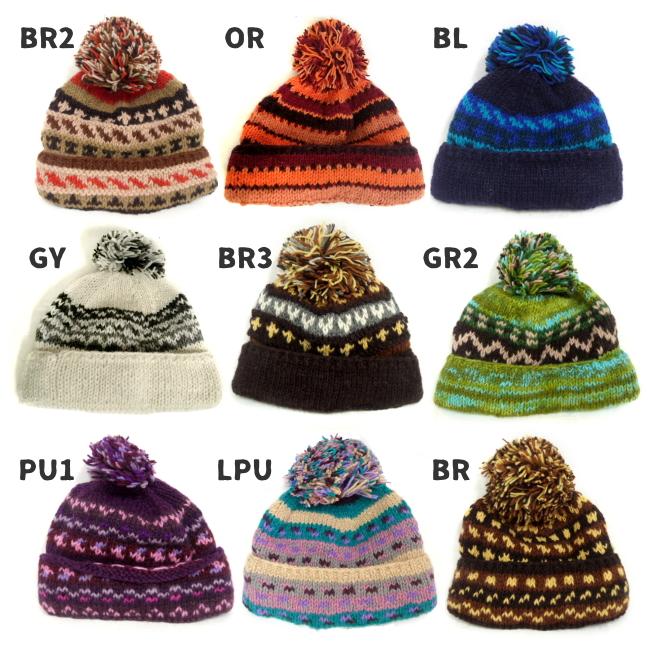 手編みウール帽子 マルチカラー ぼんぼんニットキャップ エスニック アジアン カラフル 手編み ニット