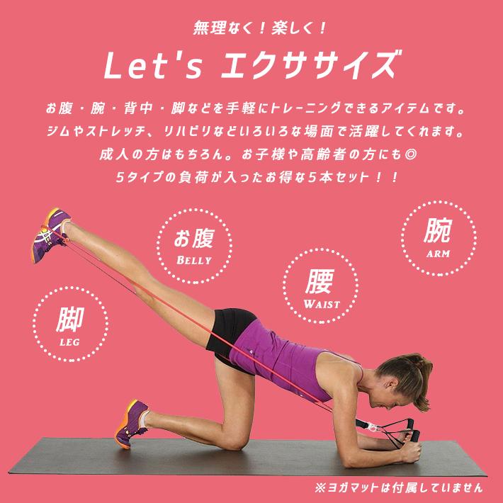 トレーニング チューブ 負荷別 5本セット【ハンドル／アンクルベルト