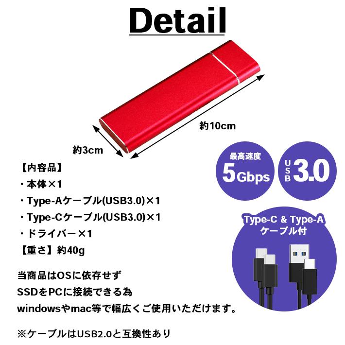外付けm.2SSD (500GB)USBケーブル付き M.2 SSD ケース NVMe ／ NGFF SATA 両対応 USBケーブル2種付属（Type-A