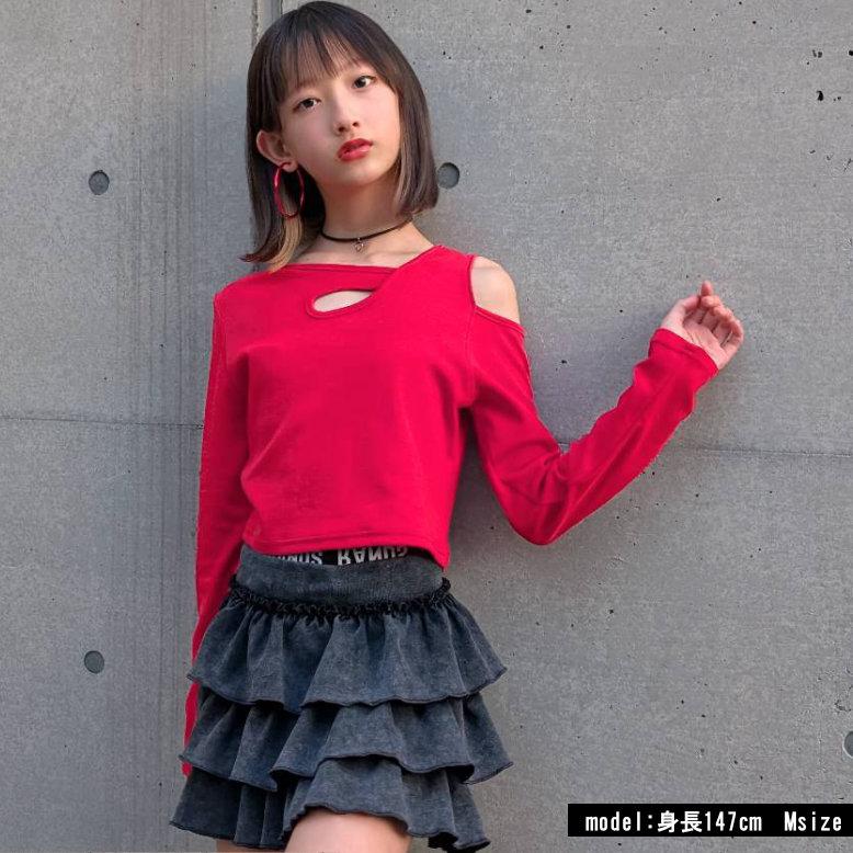 アシメチビロンT 長袖 無地 日本製 チビT 肩あき へそ出し Tシャツ