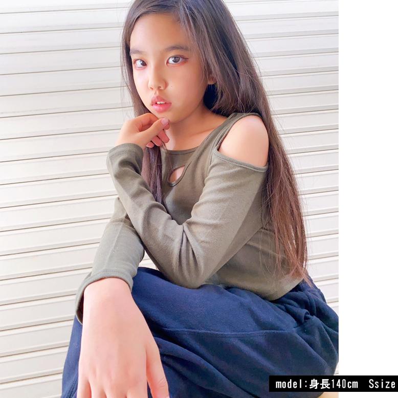 アシメチビロンT　長袖　無地　日本製　チビT　肩あき　へそ出し　Tシャツ　キッズ　ダンス衣装　b5097/10 |  | 07