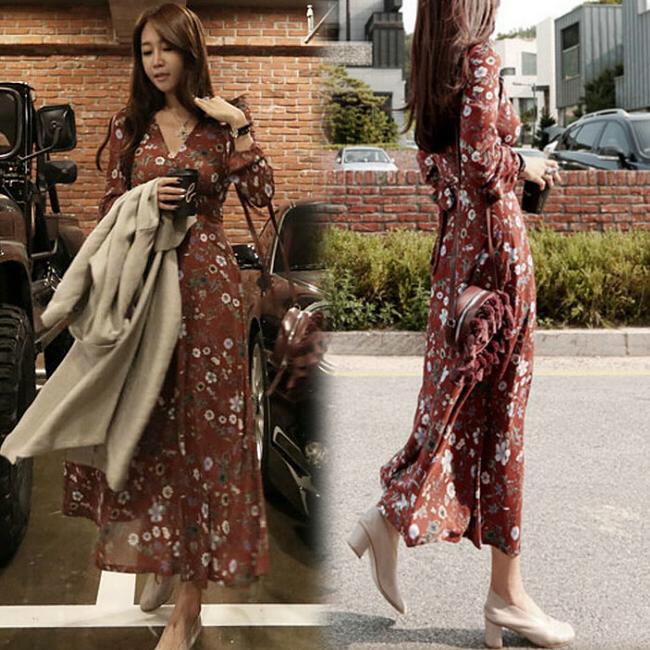 ロングワンピース レディース シフォン ワンピース 花柄 マキシワンピース ｖネック ワンピ 大人 着痩せ 40代 30代 50代 春秋 通勤 Ski1346 Sami 通販 Yahoo ショッピング