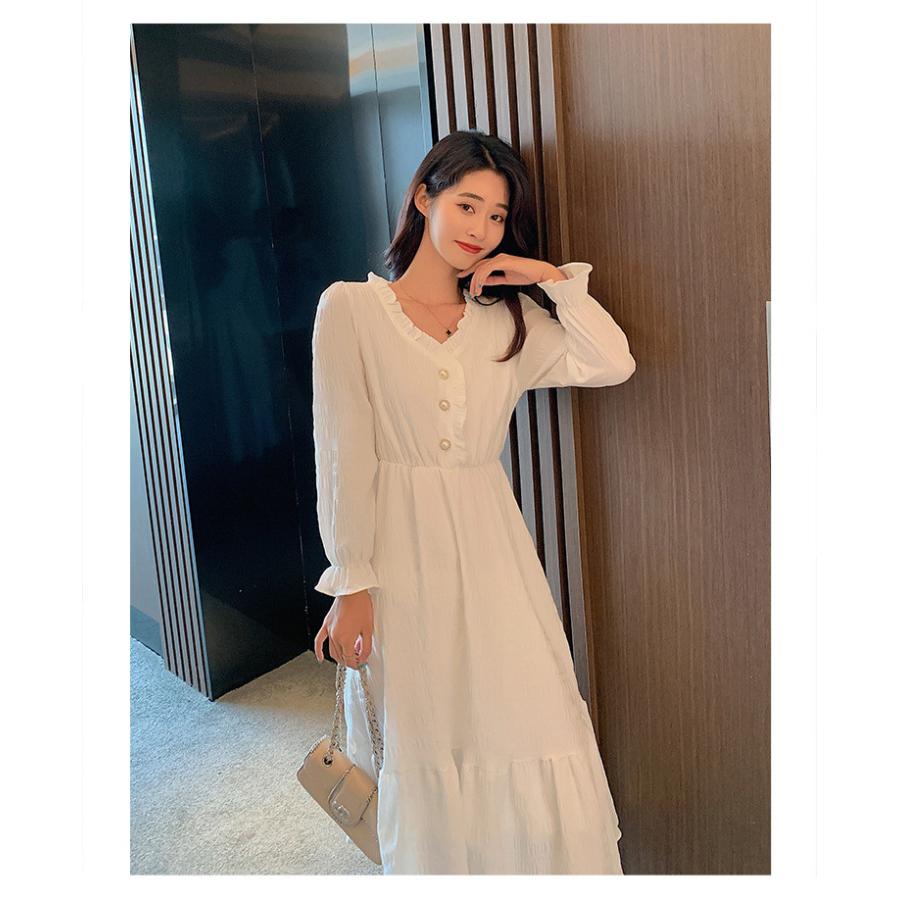 ついに入荷 ワンピース レディース 白 きれいめ ロング 40代 50代 フレアワンピース Vネック 大人可愛い ワンピ 着痩せ 秋服 ホワイト Gestoci Ci