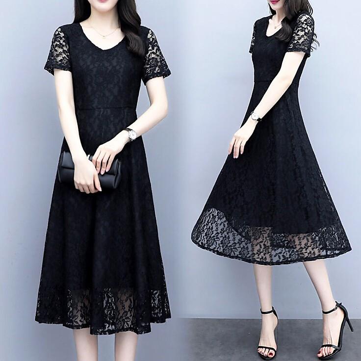 ワンピース レディース オシャレ 夏 ワンピ 黒ワンピース 上品 レース 半袖 ミモレ丈 40代 膝丈 通勤 着痩せ 大人 体型カバー Ski1 Sami 通販 Yahoo ショッピング