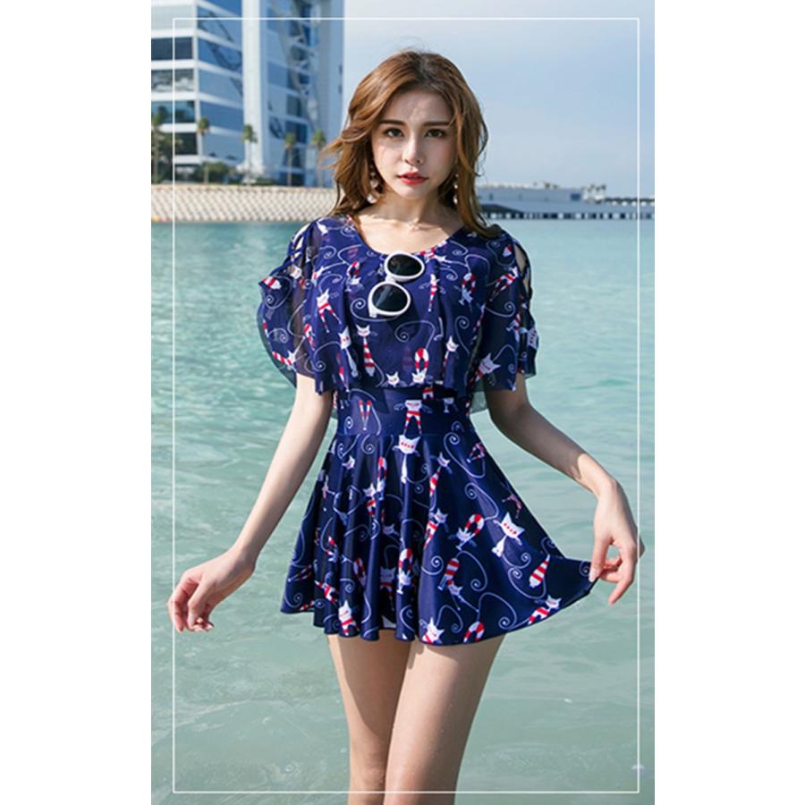 水着 レディース ワンピース 体型カバー 大きいサイズ ネコ柄 シフォンワンピ フリル ワイヤー付き パット付き 可愛い セット海水浴 温泉 Syi97 Sami 通販 Yahoo ショッピング