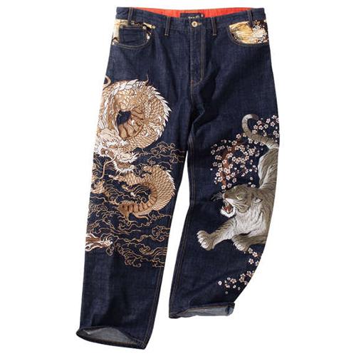 大きいサイズ 龍虎刺繍デニムパンツ 絡繰魂 からくりたましい メンズ 