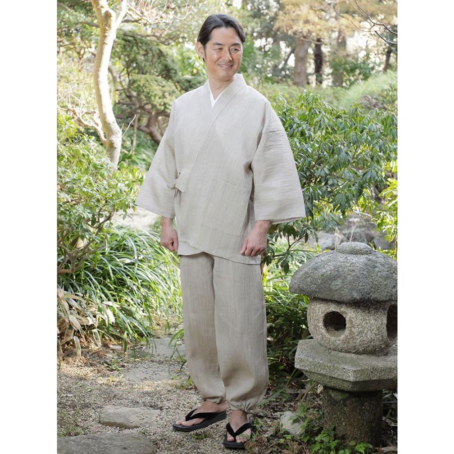 サムエ 男性用 夏用 春用  ベージュ 濃紺 黒 グレー グリーン M-LL 小千谷ちぢみ本麻作務衣の画像