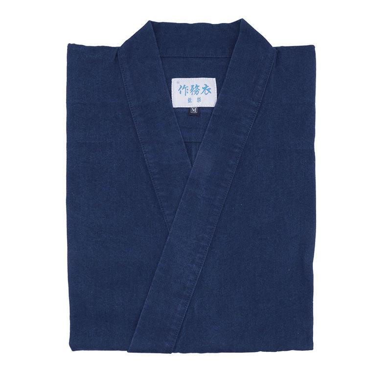 紬　藍　作家　付下げ 日本製】藍染作務衣 紬(上着のみ)（紺）（S・M・L・LL・3L） : 作務衣