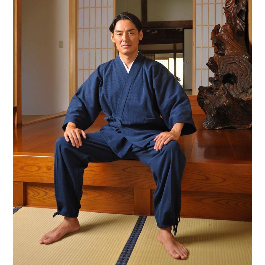 サムエ 男性用 春用 秋用 春秋用 金茶 濃紺 青 黒 グレー 濃茶 4L 綿刺子織作務衣の画像