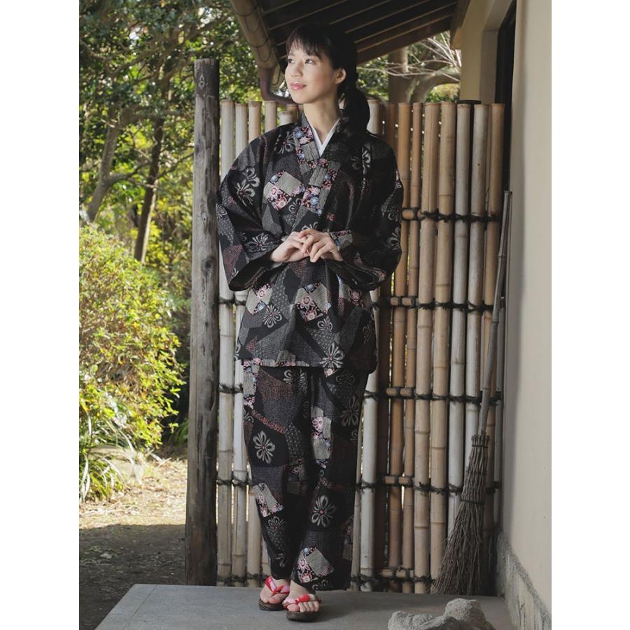 作務衣 女性用 春物 秋物 春秋物 黒 M L LL パッチワーク調花柄さむえ