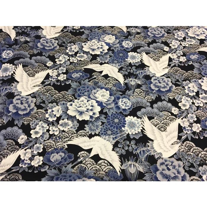 和柄生地 着物風 鶴と青海波 シーチング 和調 和柄 布 1m単位