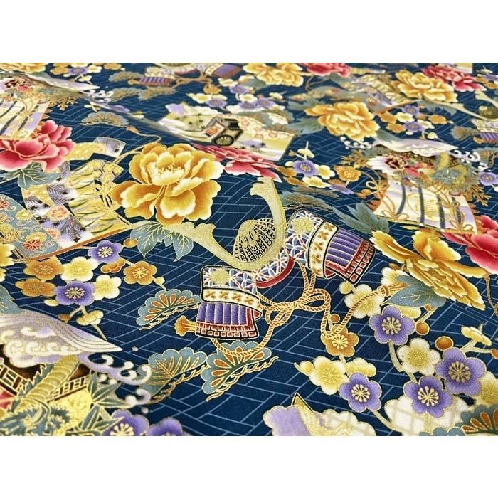 和柄生地 着物風 花と兜と宝船 シーチング 和調 和柄 布 1m単位 : さん