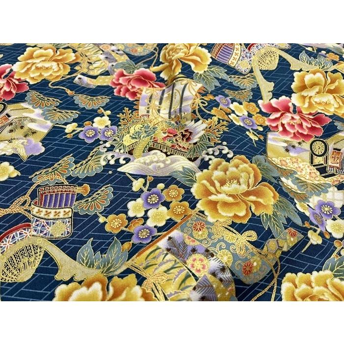 和柄生地 着物風 花と兜と宝船 シーチング 和調 和柄 布 1m単位